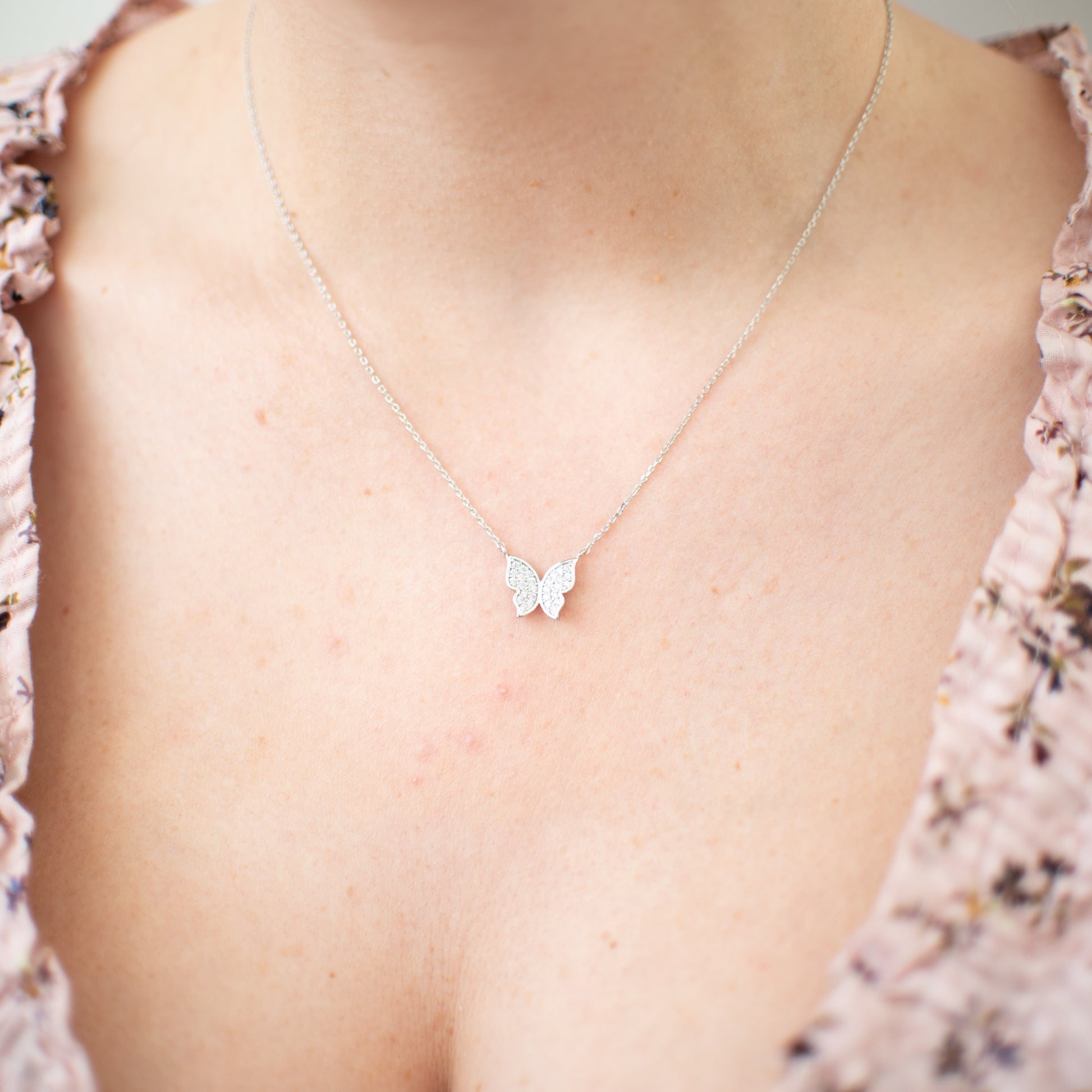 Silver Dainty Diamante Butterfly Necklace